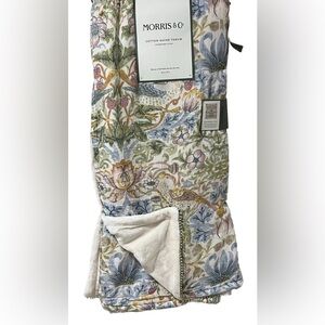 Morris & Co Strawberry Thief Throw Blanket Cotton Gauze Soft Fleece Pom Pom Trim